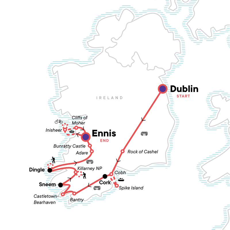 Map of the route for Ireland: Charming Villages, Traditional Tales & Hiking the Dingle Peninsula