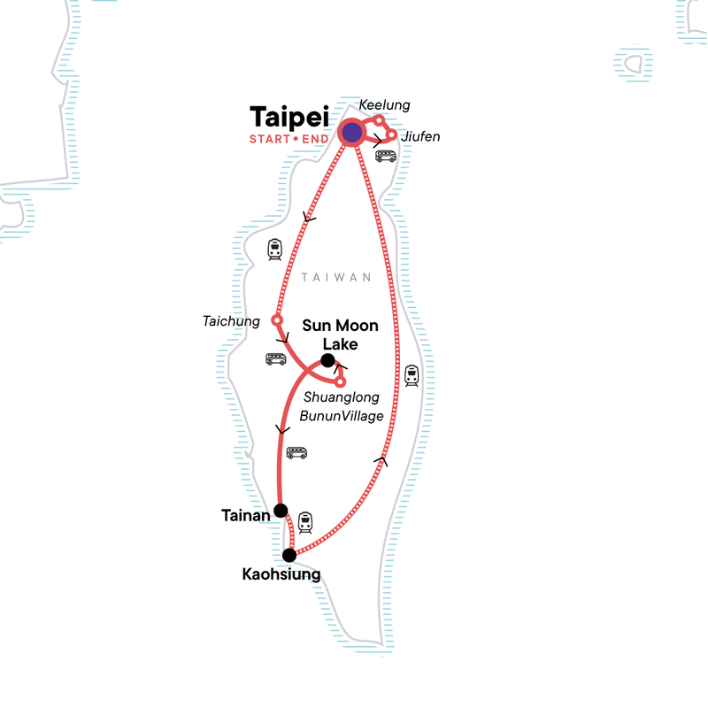 Map of the route for Taiwan Explorer: Lanterns, Lakes & Skyline Views