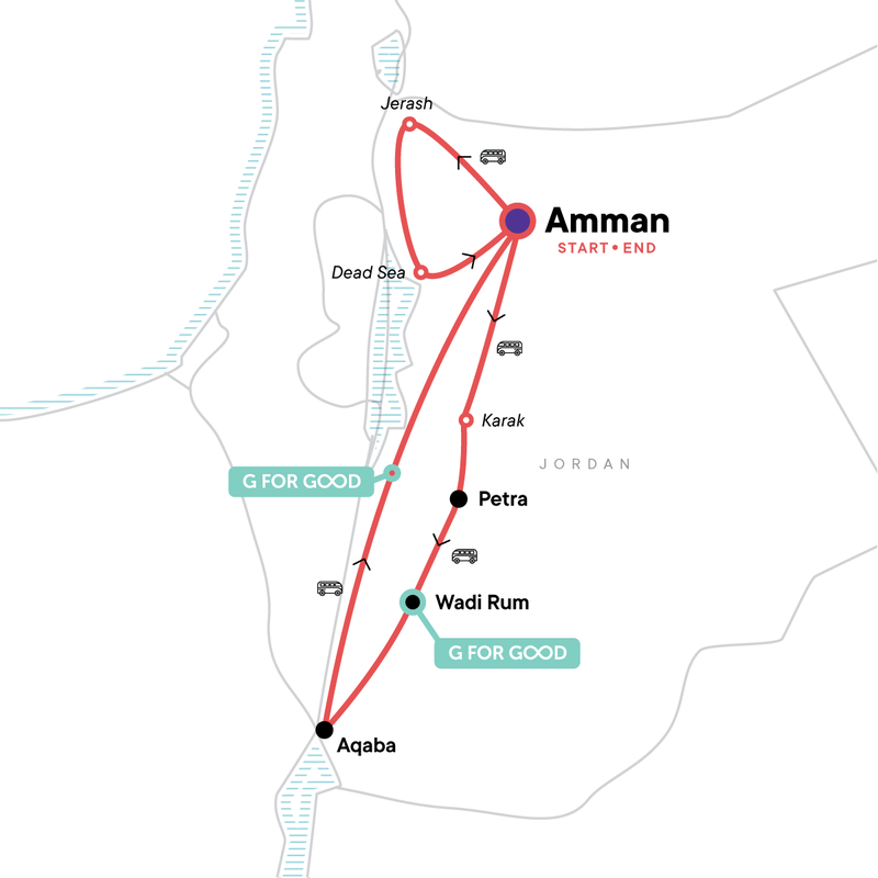 Map of the route for Highlights of Jordan