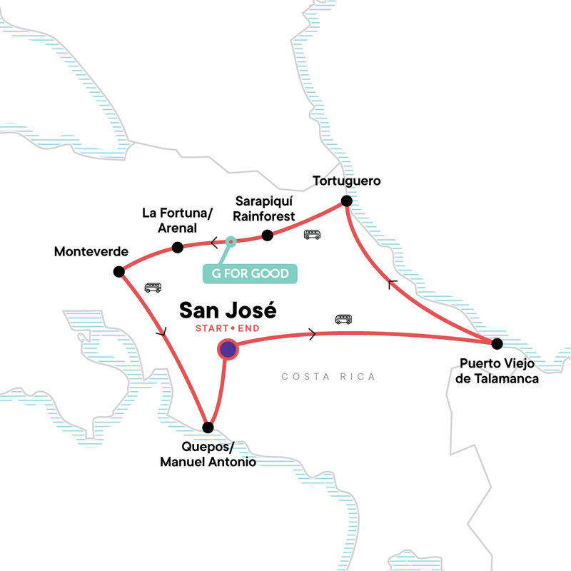 Map of the route for Costa Rica Adventure — Plus