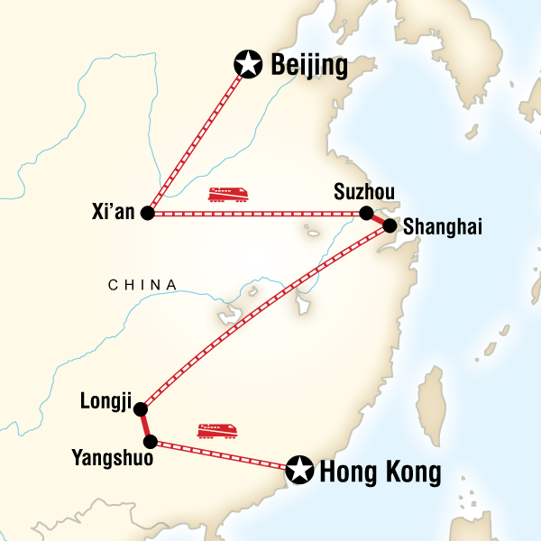 Map of the route for Classic Beijing to Hong Kong Adventure