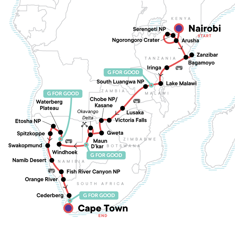 Map of the route for Nairobi to Cape Town Overland Safari & Participation Camping