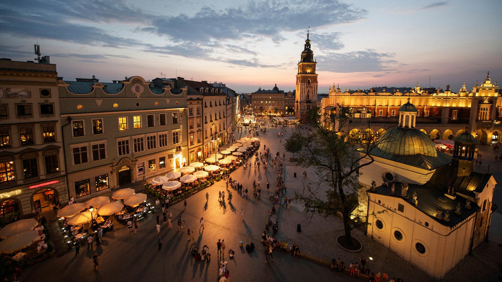Night market at the main square in Krakow, Poland