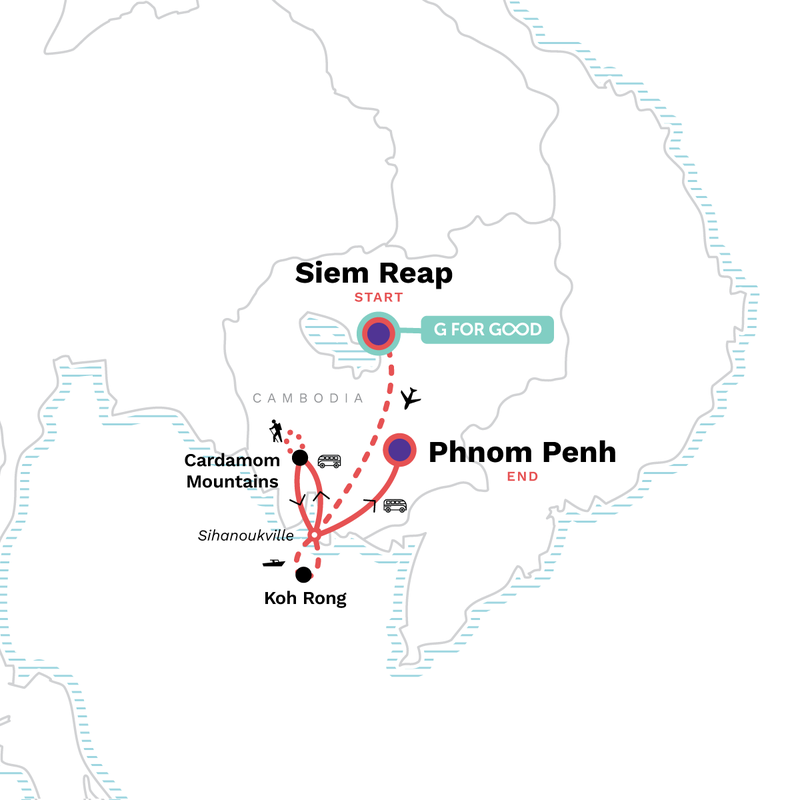 Map of the route for Cambodia: Angkor Wat, Koh Rong & The Cardamom Mountains