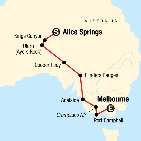 Map of the route for The Red Centre to Melbourne