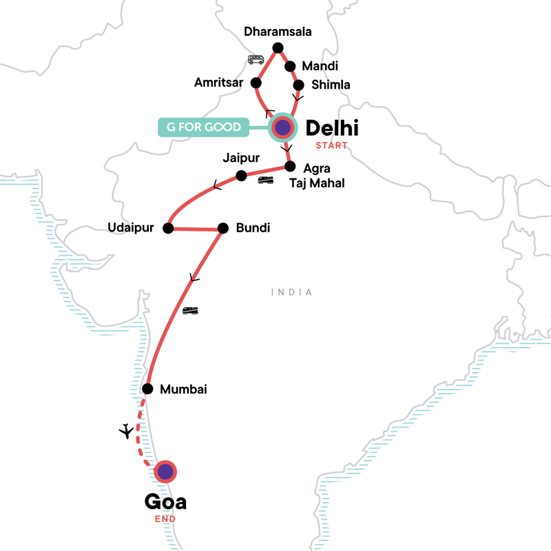 Map of the route for Northern India & Rajasthan to Goa by Rail