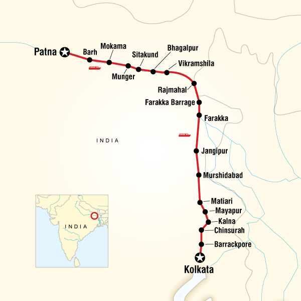 Map of the route for India River Cruise – Ganges Encompassed