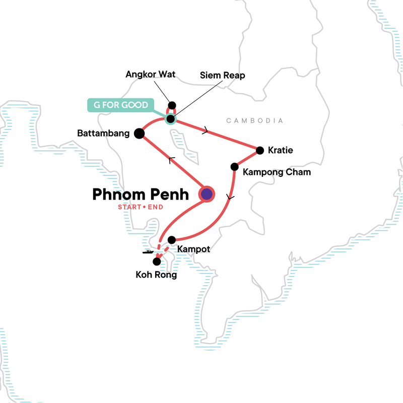 Map of the route for Ultimate Cambodian Adventure