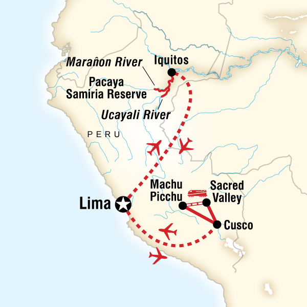 Map of the route for Amazon Riverboat & Machu Picchu Adventure