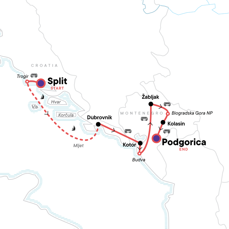 Map of the route for Adriatic Adventure: Croatia and Montenegro