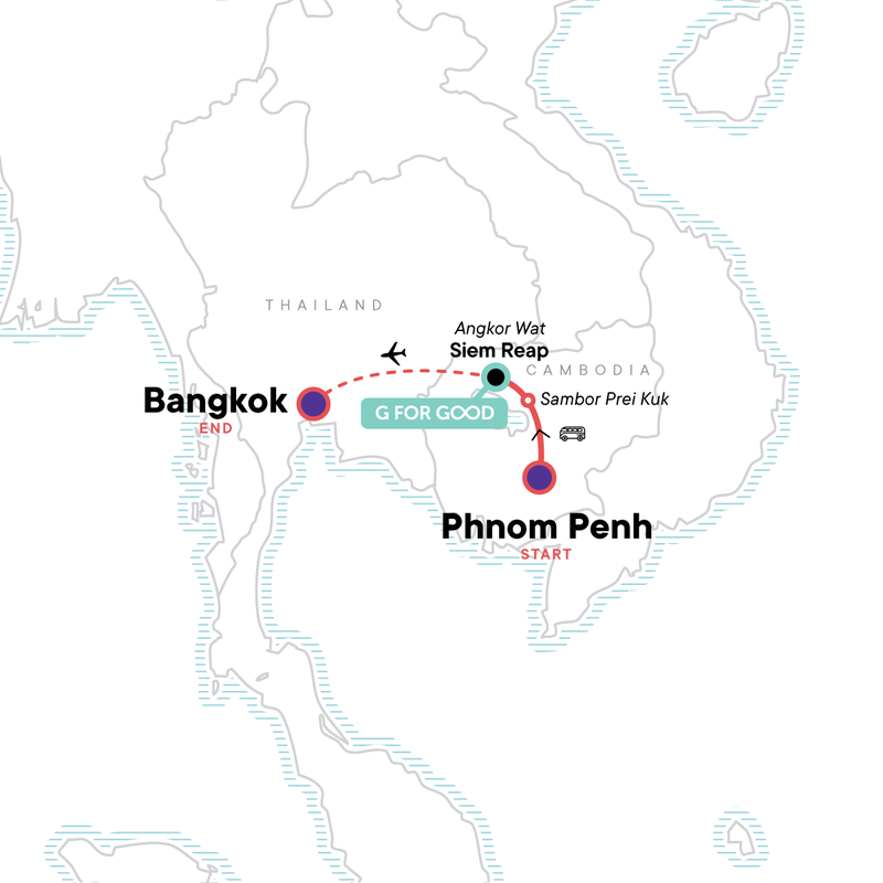 Map of the route for Cambodia to Bangkok: Phnom Penh, Siem Reap & Khao San Road Hangouts