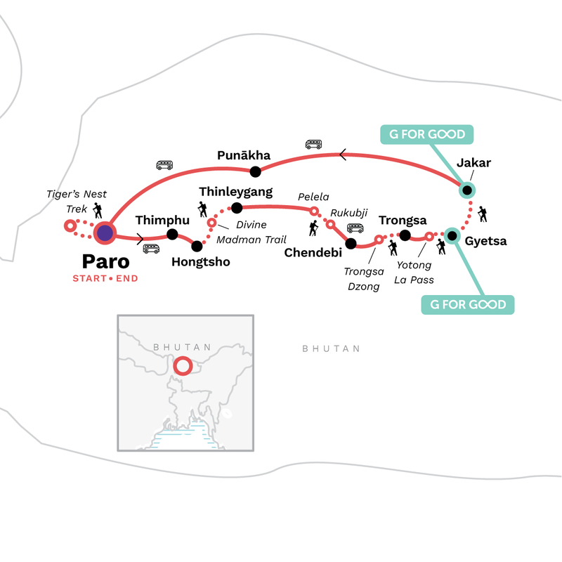 Map of the route for Camp the Trans Bhutan Trail