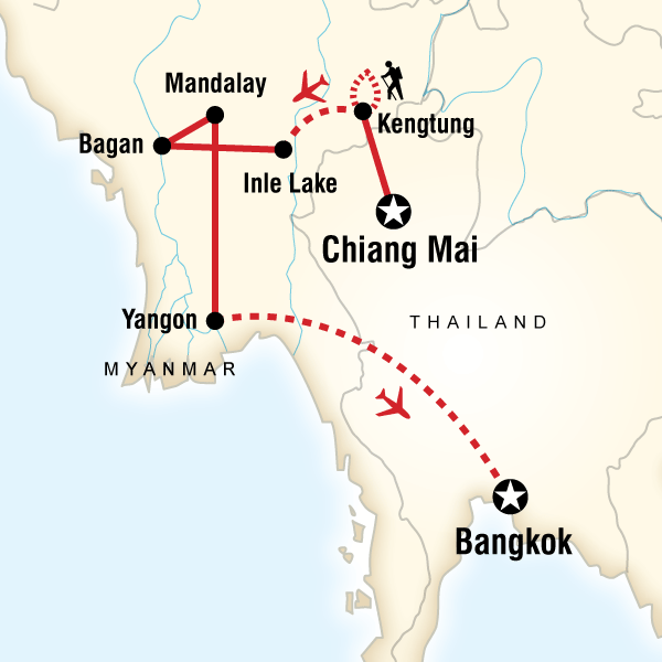 Map of the route for Myanmar: Hilltribes & Sunrises