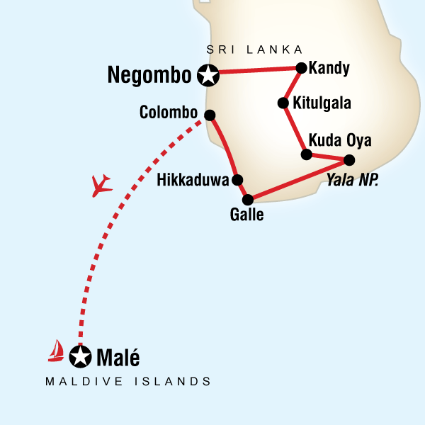 Map of the route for Sri Lanka & Maldives Adventure