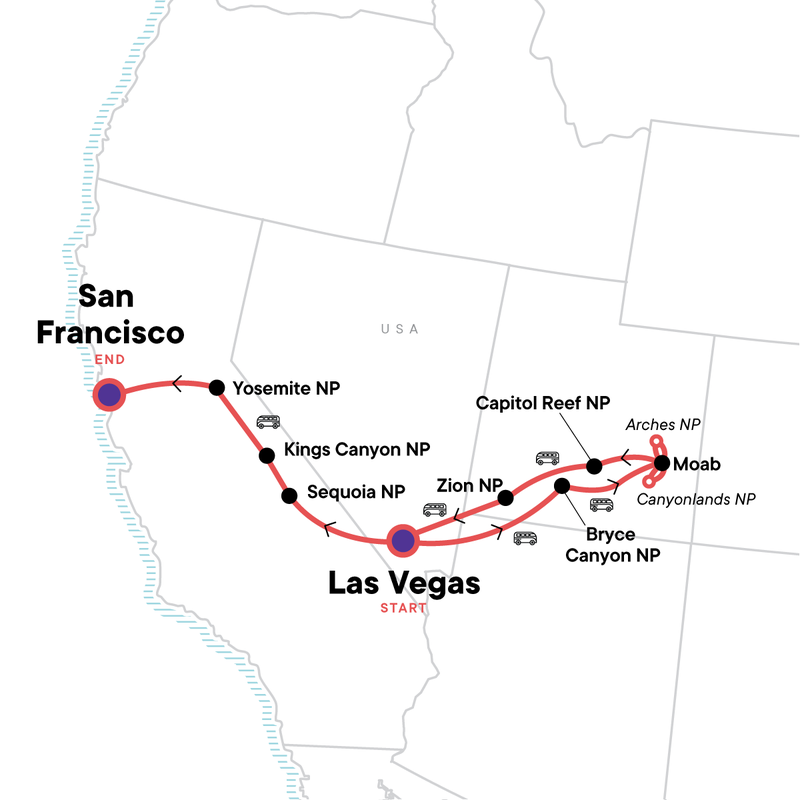 Map of the route for Hiking the Best of the West's National Parks