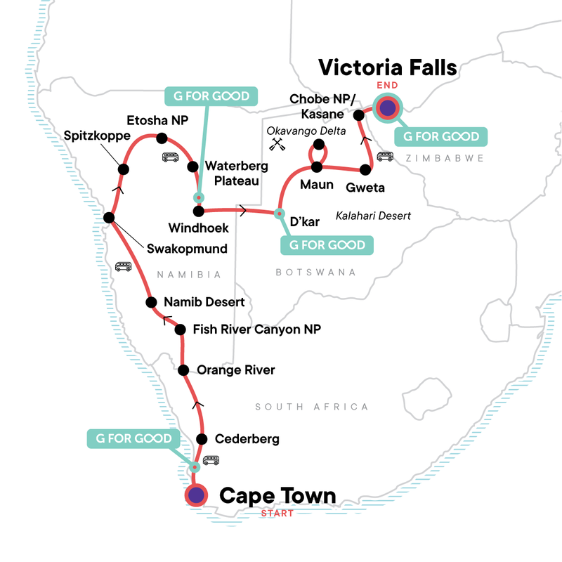 Map of the route for Southern Africa Northbound: Dunes, Deltas & Falls