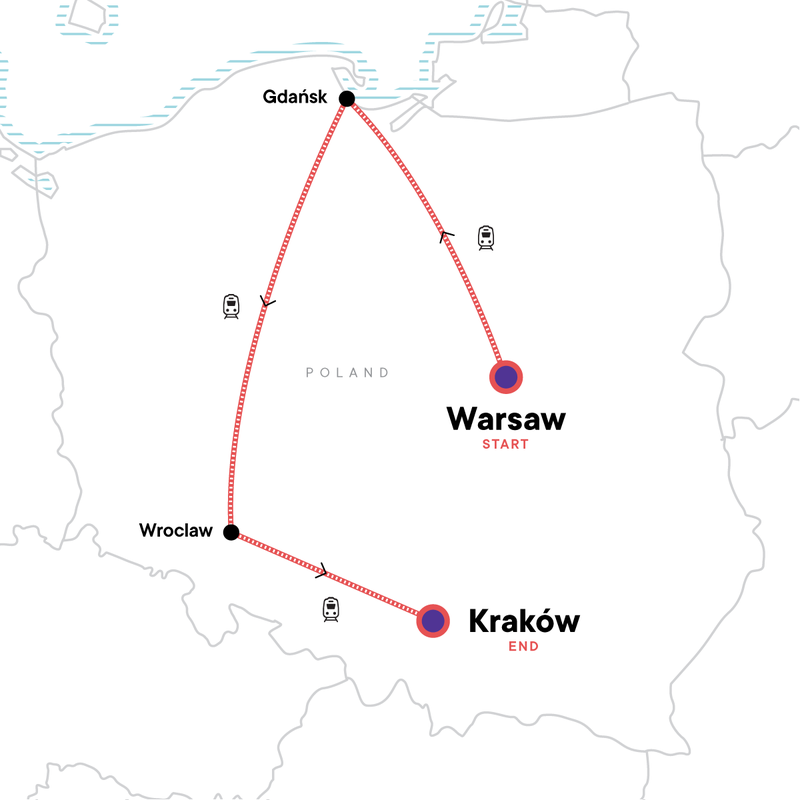 Map of the route for Christmas in Poland: From Warsaw to Krakow