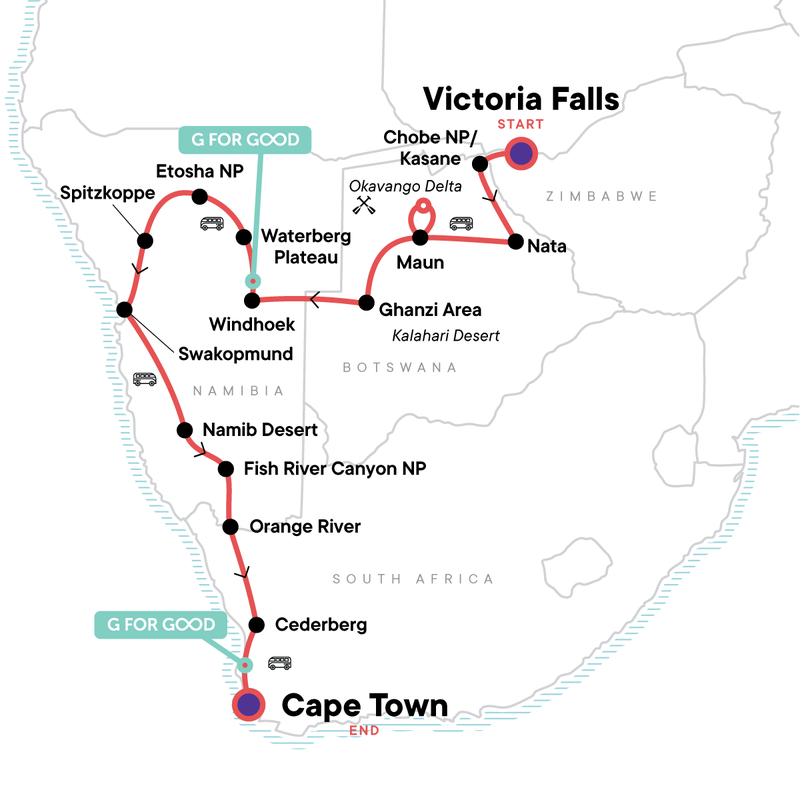 Map of the route for Southern Africa Southbound: Dunes, Deltas & Falls