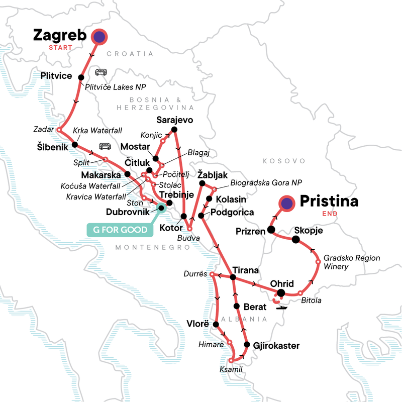 Map of the route for Balkans Uncovered: Zagreb to Pristina