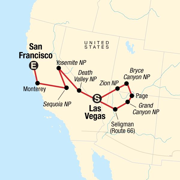 Map of the route for National Parks of the American West