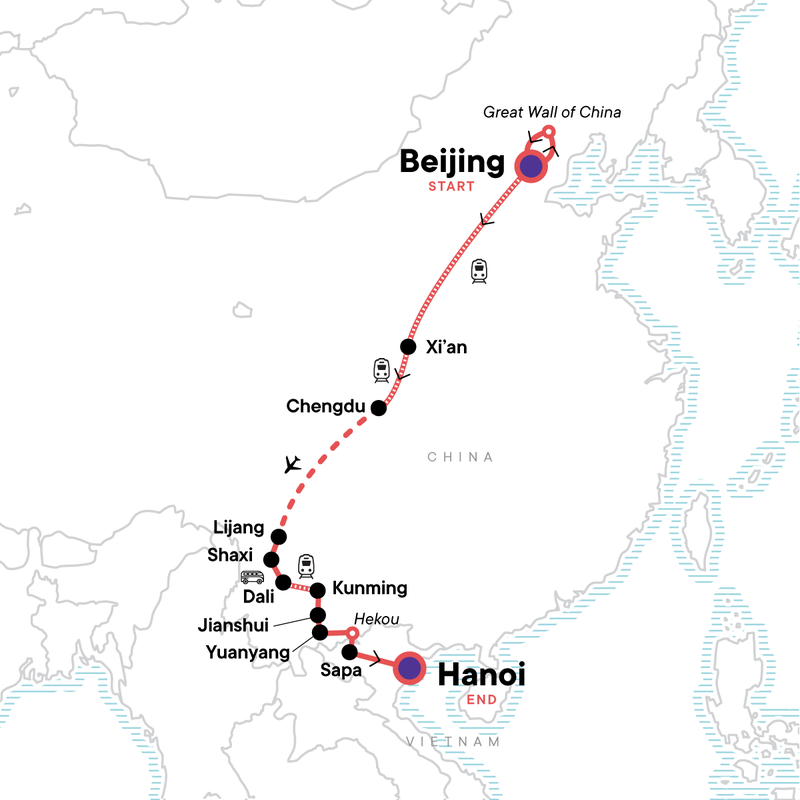 Map of the route for China & Vietnam: Beijing to Sapa Adventure