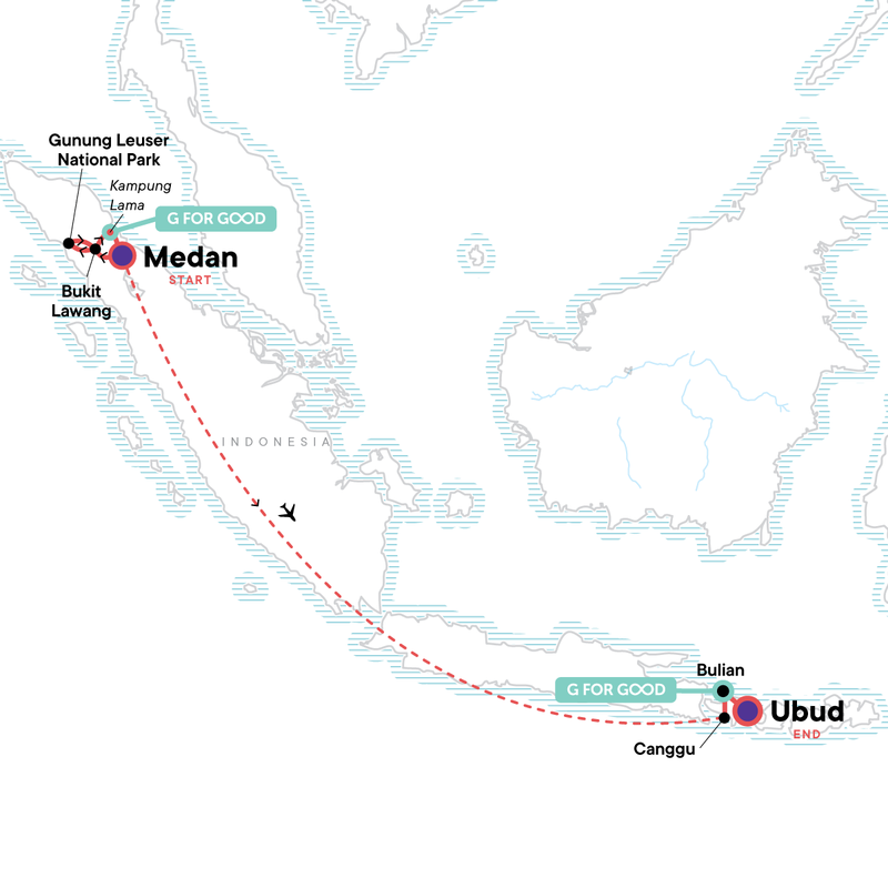Map of the route for Sumatra to Bali: Wildlife, Waves & Wilderness