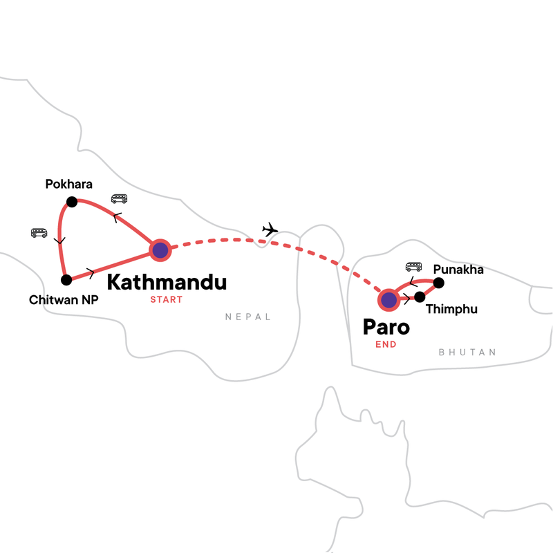 Map of the route for Nepal & Bhutan Explorer