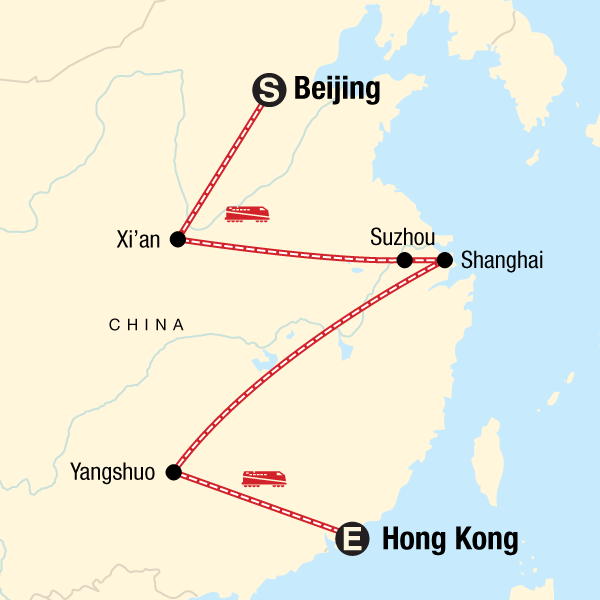 Map of the route for Beijing to Hong Kong on a Shoestring