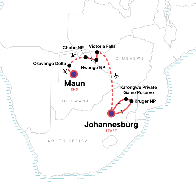 Map of the route for Best of Southern Africa