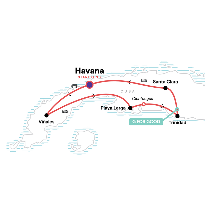 Map of the route for Cuban Rhythms: Beachfronts & Havana Vibes