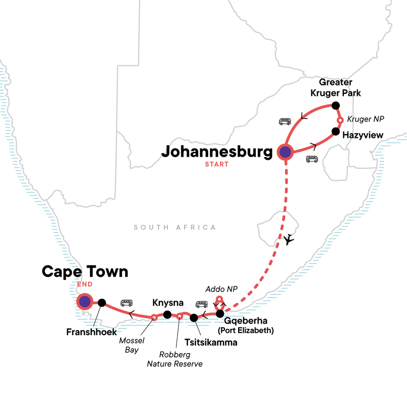 Map of the route for Kruger Safari & The Garden Route