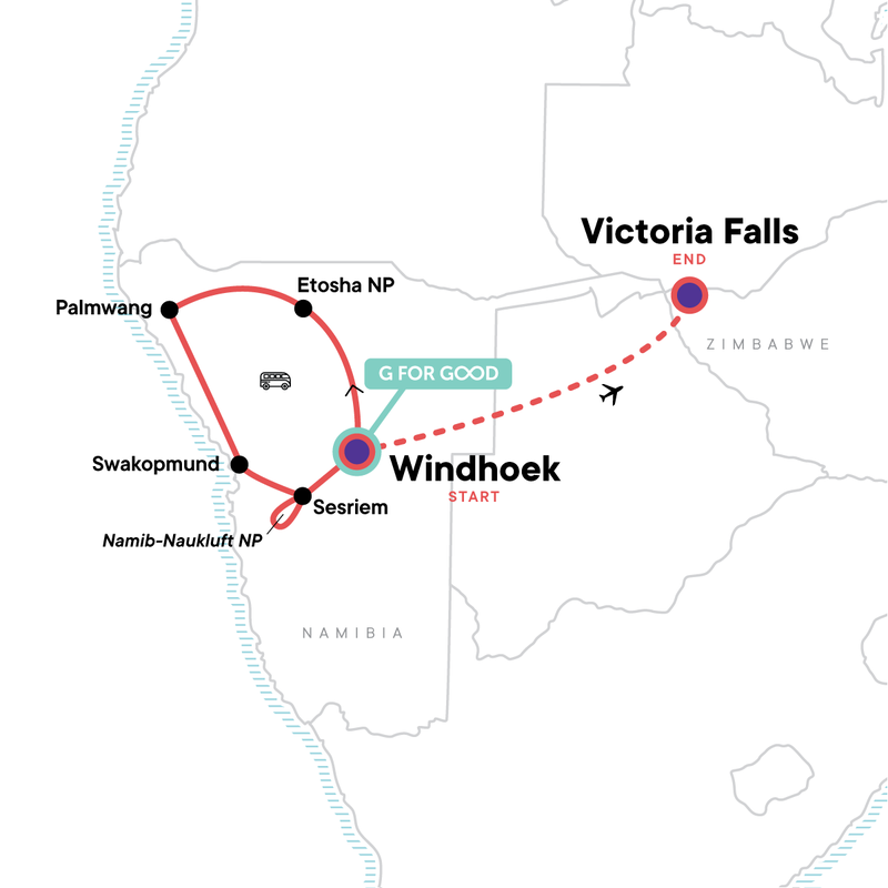 Map of the route for Southern Africa: Namibia and Victoria Falls