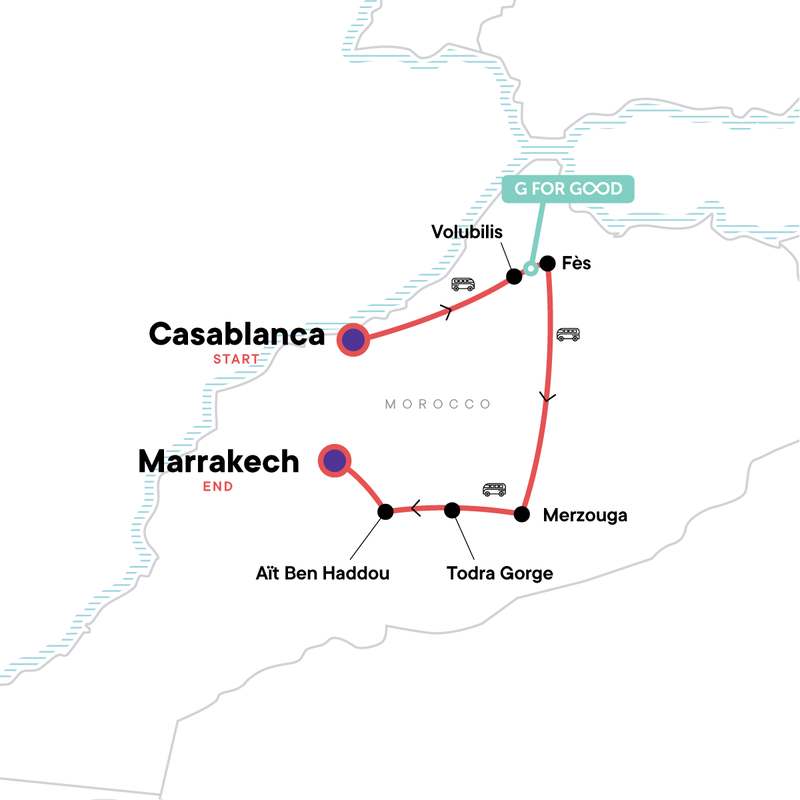 Map of the route for Morocco Kasbahs and Desert — Plus