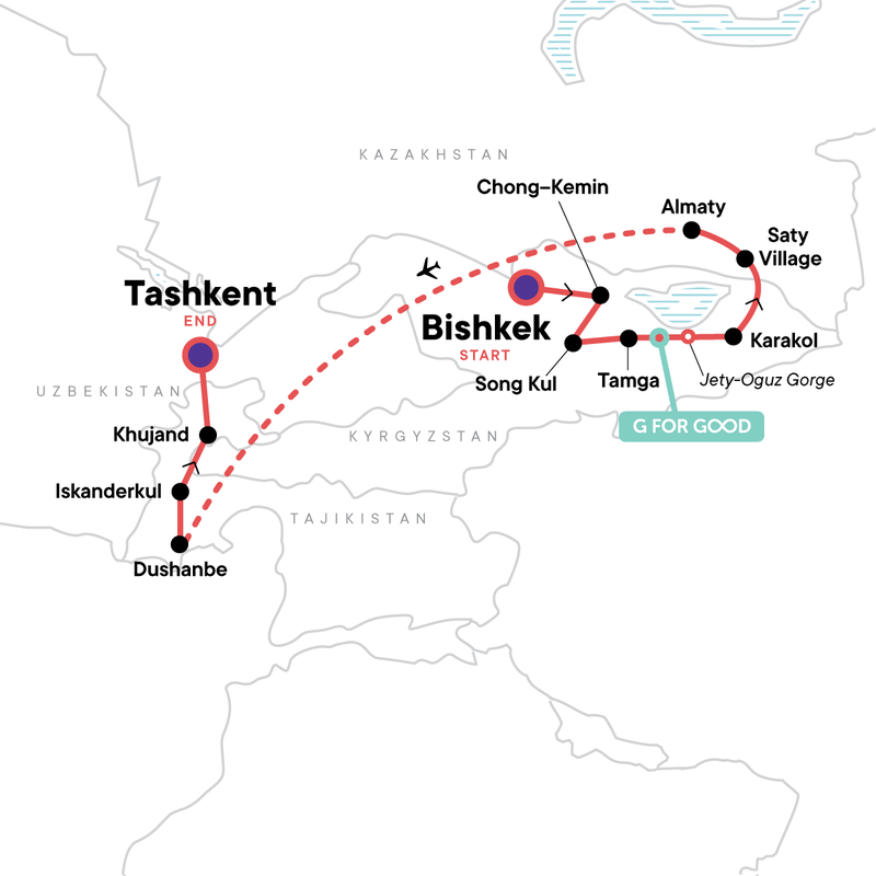 Map of the route for Best of Kyrgyzstan and Tajikistan