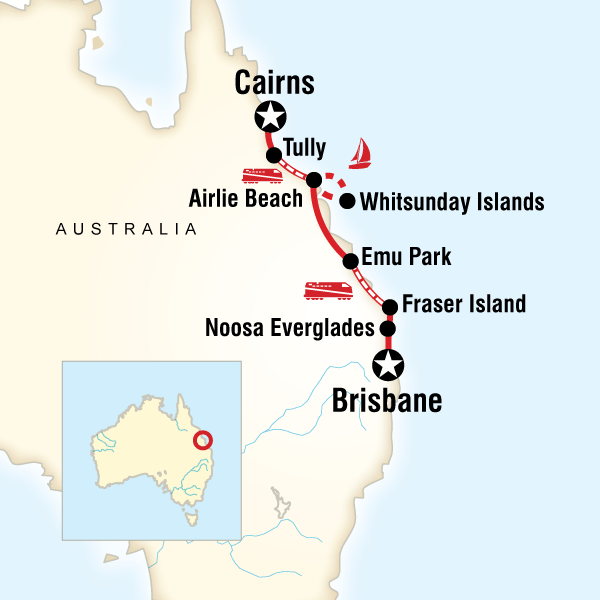 Map of the route for Brisbane to Cairns Experience: Sand Dunes & the Whitsundays