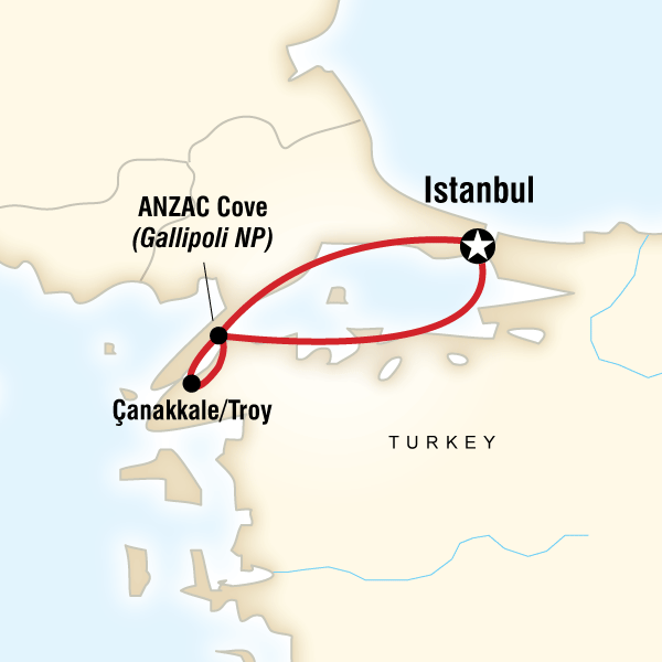 Map of the route for ANZAC Day Memorial Tour