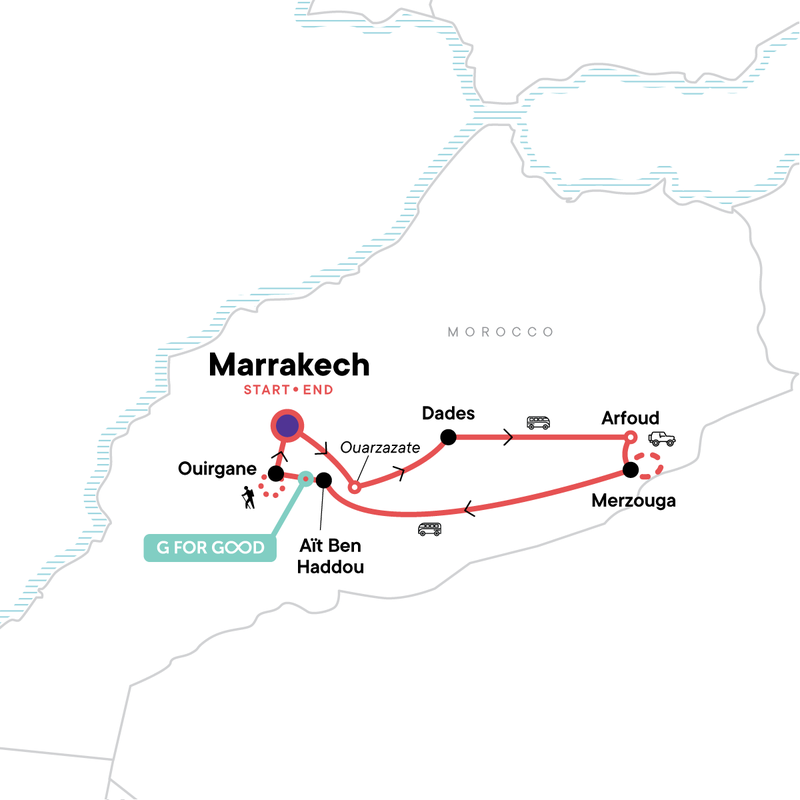 Map of the route for Southern Morocco: Marrakech, the Atlas Mountain & the Sahara