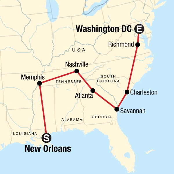 Map of the route for Deep South to DC – Music, Eats, and Culture