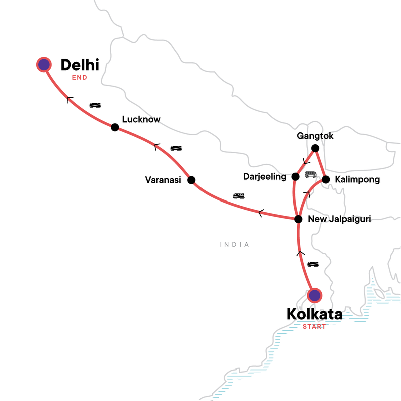 Map of the route for Northeast India & Darjeeling by Rail