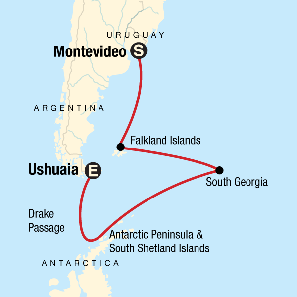 Map of the route for Falklands, South Georgia & Antarctica