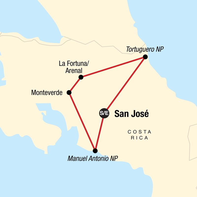 Map of the route for Explore Costa Rica