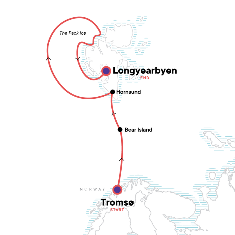 Map of the route for Beyond the Arctic Circle: Tromsø to Svalbard