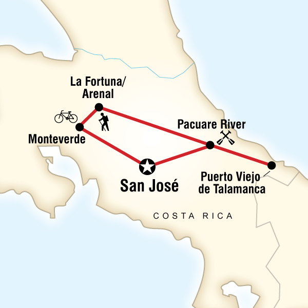 Map of the route for Costa Rica Active Adventure