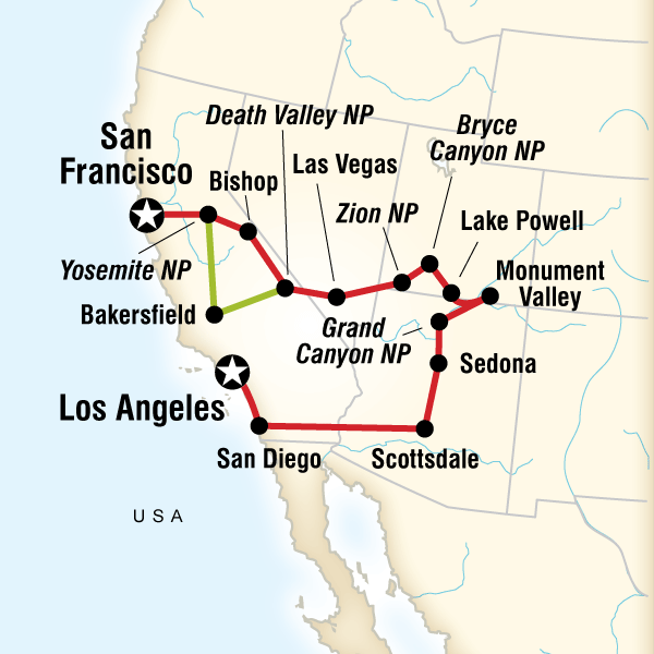 Map of the route for National Parks & Bright Lights