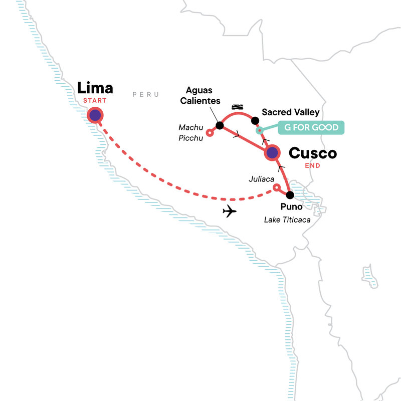 Map of the route for Lake Titicaca & Machu Picchu Independent Adventure