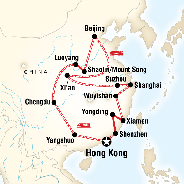 Map of the route for Ultimate China on a Shoestring - Hong Kong to Hong Kong