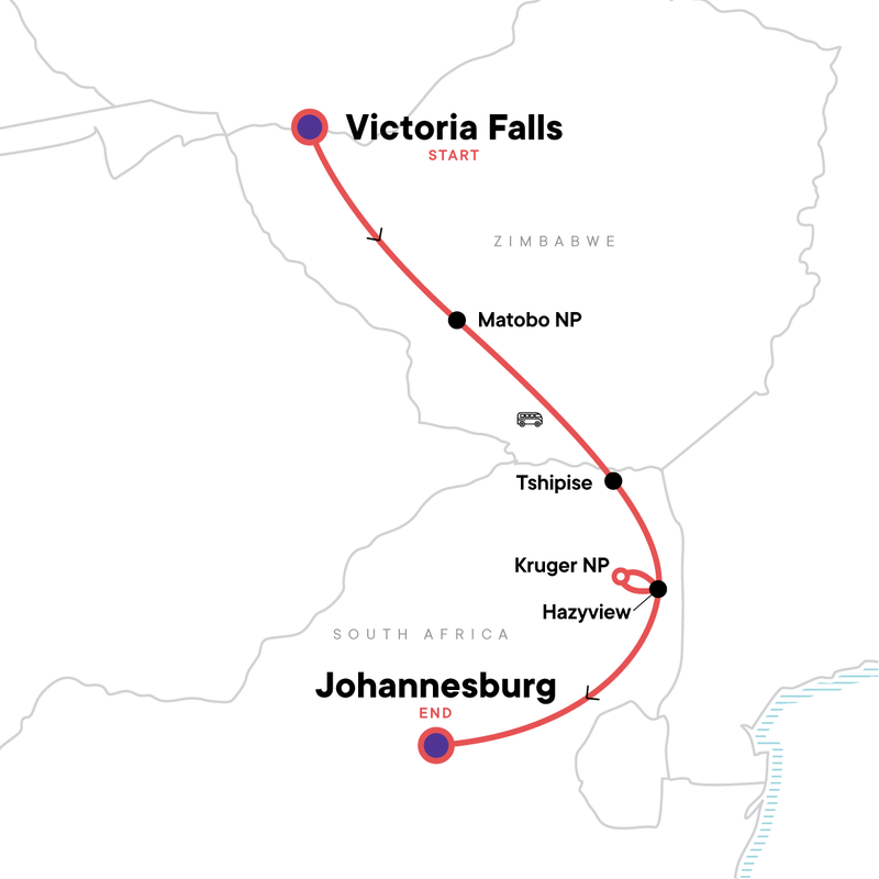 Map of the route for Victoria Falls to South Africa Overland Safari & Participation Camping