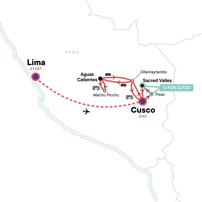 Map of the route for Peru: Lima, The Sacred Valley & Machu Picchu by Train