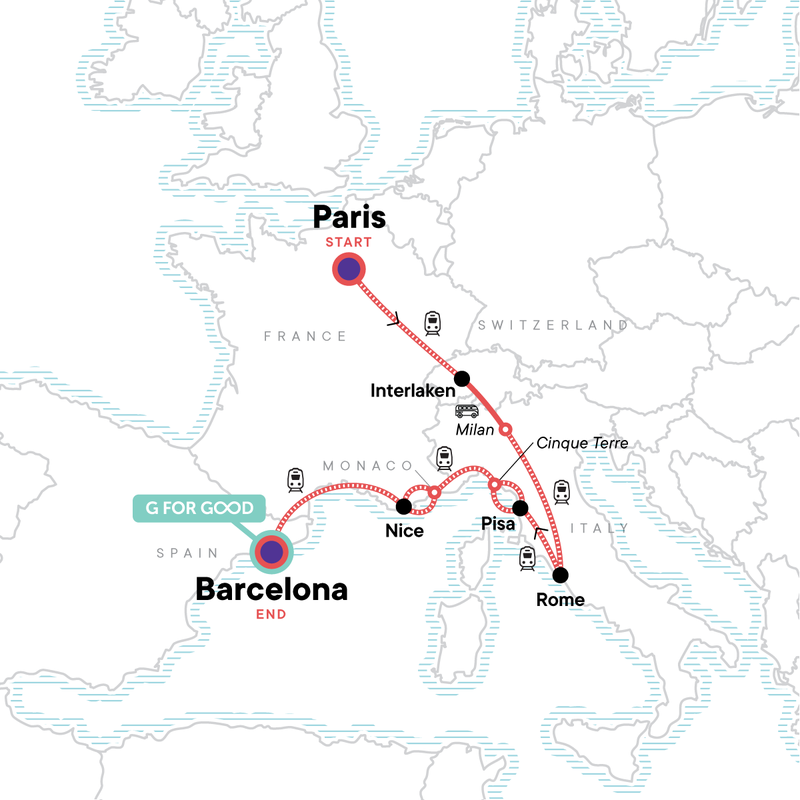 Map of the route for Paris to Barcelona: Tapas & Train Rides