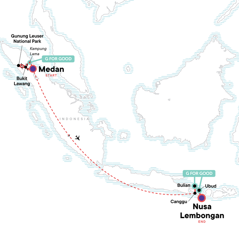 Map of the route for Sumatra to Nusa Lembongan: Wild Islands & Zen Beaches